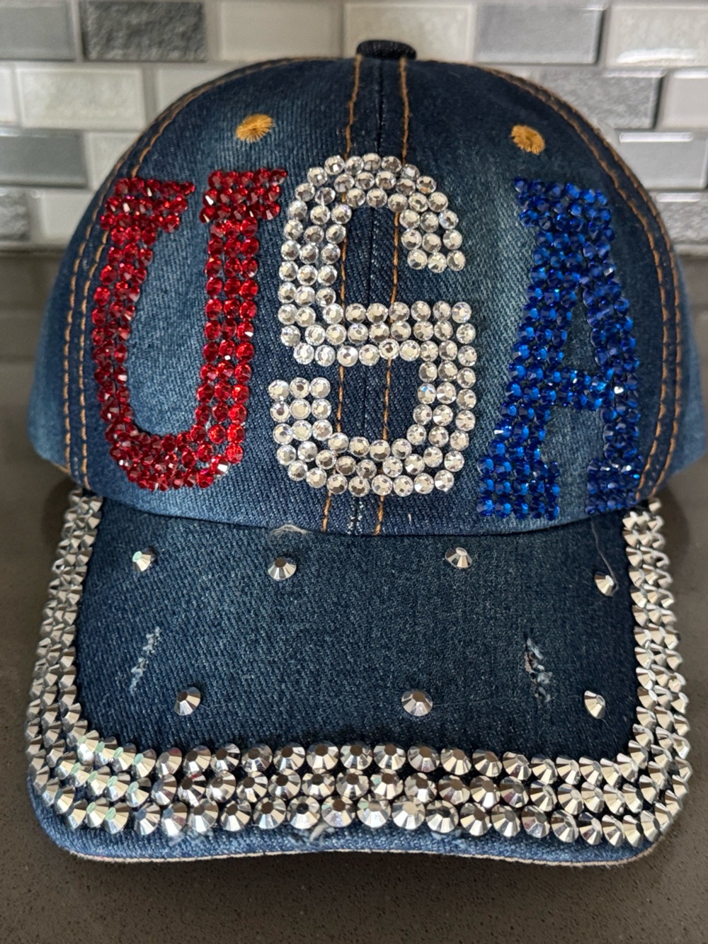 BIJORCA Boutique USA Denim Hat / Rhinestones Bling Bedazzled / Adjustable / NEW